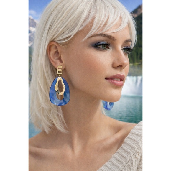 Blue Marbled Resin and Hammered Gold Tone Statement Drop Earrings - Picture 4 of 5